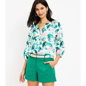 LOFT Women's Tropical Floral Print 3/4 Sleeve Button Blouse Top Size M Teal Pink